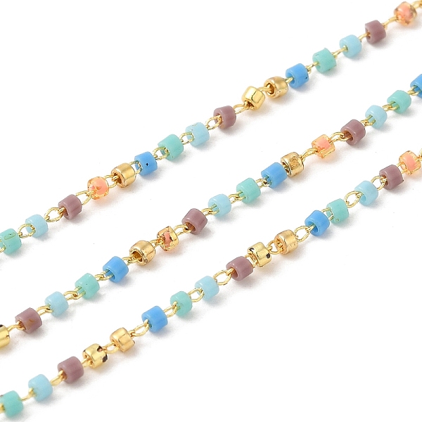 

PandaHall Glass Column Beaded Chains, with Rack Plating Golden Brass Cable Chain, Soldered, with with Card Paper, Colorful, Beads: 1.7x1.3mm...