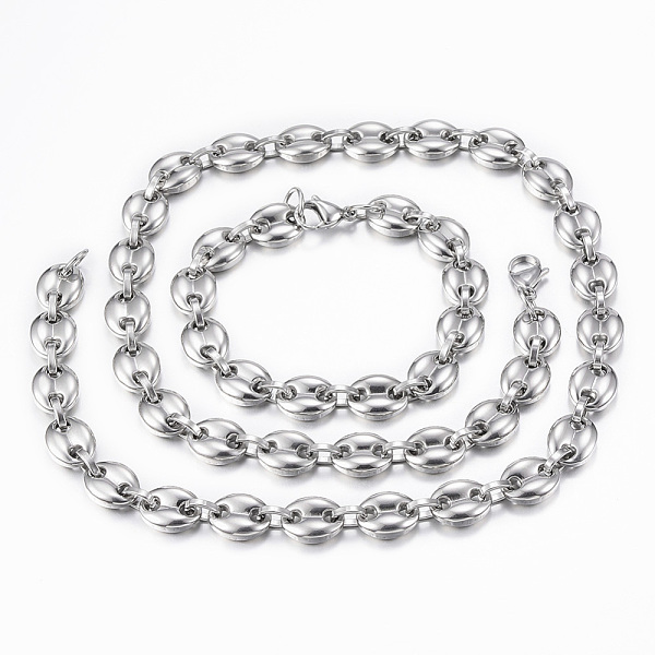 

PandaHall 201 Stainless Steel Jewelry Sets, Coffee Bean Chain Necklaces and Bracelets, with Lobster Claw Clasps, Oval, Stainless Steel Color...