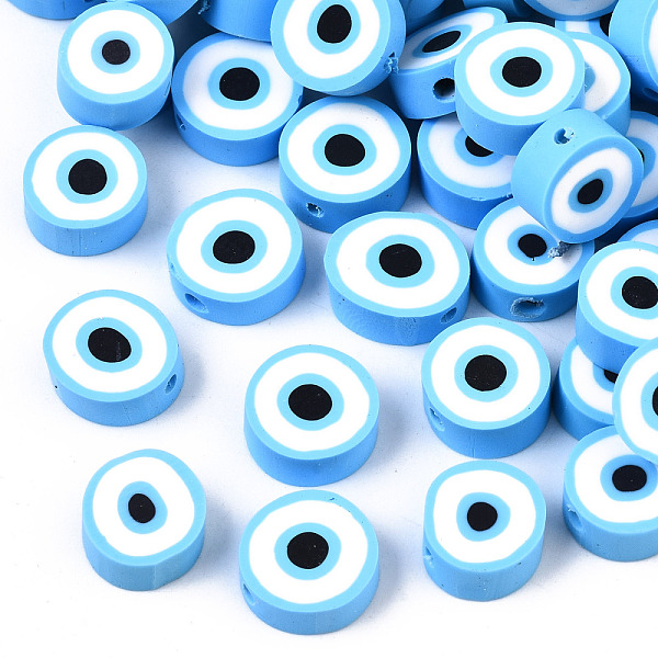 

PandaHall Handmade Polymer Clay Beads, Flat Round with Evil Eye, Deep Sky Blue, 10.5~12.5x3.5~4.5mm, Hole: 1.5mm Polymer Clay Evil Eye