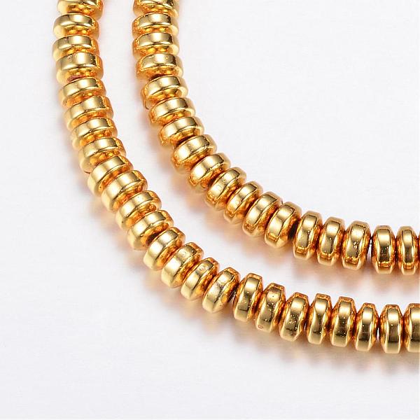 

PandaHall Electroplate Non-magnetic Synthetic Hematite Bead Strands, Rondelle, Golden Plated, 6x3mm, Hole: 1mm, about 125~133pcs/strand...