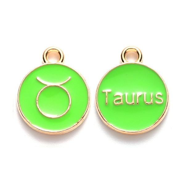 

PandaHall Alloy Enamel Pendants, Cadmium Free & Lead Free, Flat Round with Constellation, Light Gold, Pale Green, Taurus, 15x12x2mm, Hole...