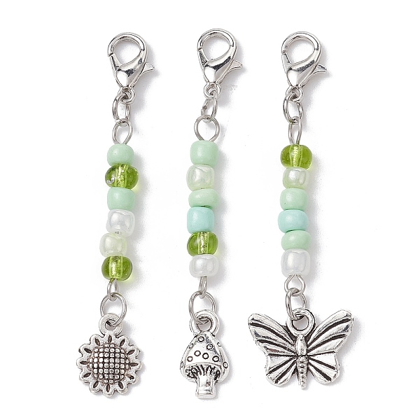 

PandaHall Alloy Pendant Decorations, with Glass Seed Beads and Alloy Swivel Lobster Claw Clasps, Mushroom/Flower/Butterfly, Antique Silver &...