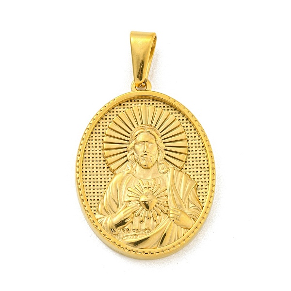 

PandaHall Ion Plating(IP) 304 Stainless Steel Pendants, Oval with Saint Charm, Golden, 35.5x26x4mm, Hole: 9.5x5mm 304 Stainless Steel Oval