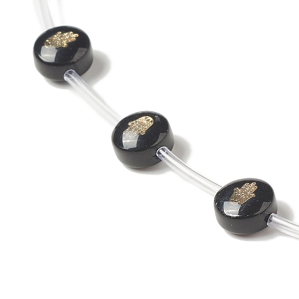 

PandaHall Handmade Lampwork Beads Strands, with Golden Tone Brass Findings & Enamel, Flat Round, Black, Hamsa Hand Pattern, 8x5.5mm, Hole...