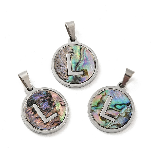

PandaHall 304 Stainless Steel with Paua Shell Pendants, Stainless Steel Color, Flat Round with Letter Charm, Letter.L, 18x16x1.5mm, Hole...