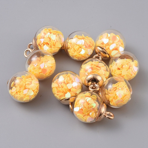 

PandaHall Transparent Glass Globe Pendant, with Heart Glitter Sequins inside and CCB Plastic Cup Peg Bails, Round, Golden, Gold, 21x16mm...
