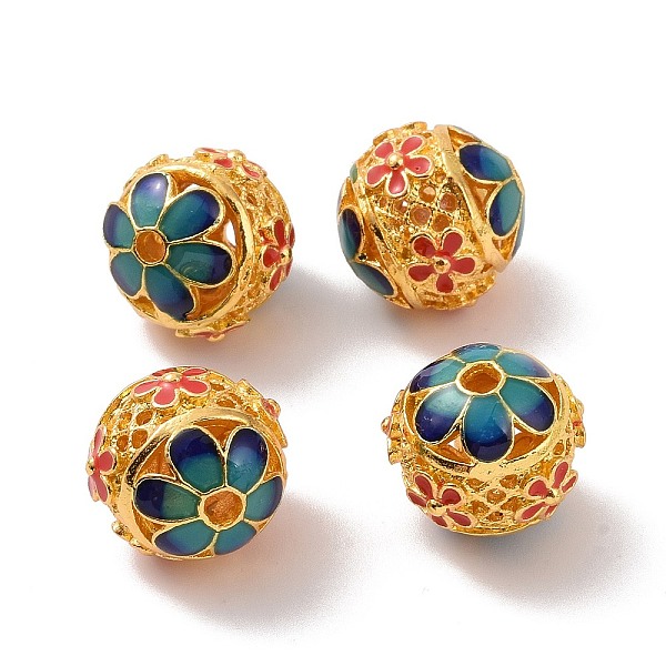 

PandaHall Hollow Alloy Beads, with Enamel, Round with Flower, Matte Gold Color, Red, 14mm, Hole: 2mm Alloy+Enamel Round Red