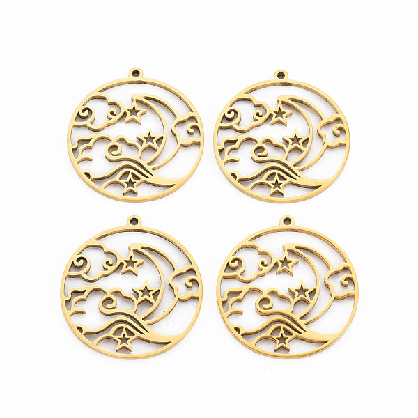 

PandaHall 201 Stainless Steel Pendants, Ring with Star & Moon, Real 18K Gold Plated, 30x28x1.5mm, Hole: 1.5mm 201 Stainless Steel Ring