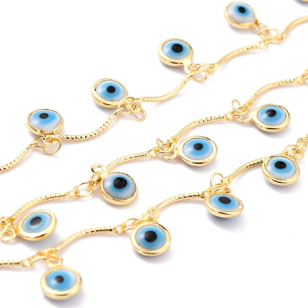 

PandaHall 3.28 Feet Handmade Golden Brass Bar Link Chains, with Glass Charms, Soldered, Long-Lasting Plated, Flat Round with Evil Eye, Deep...