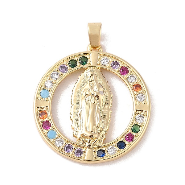 

PandaHall Brass Cubic Zirconia Pendants, Long-Lasting Plated, Flat Round with Holy Virgin Charms, Colorful, Golden, 33x30.5x4mm, Hole: 6x3mm...