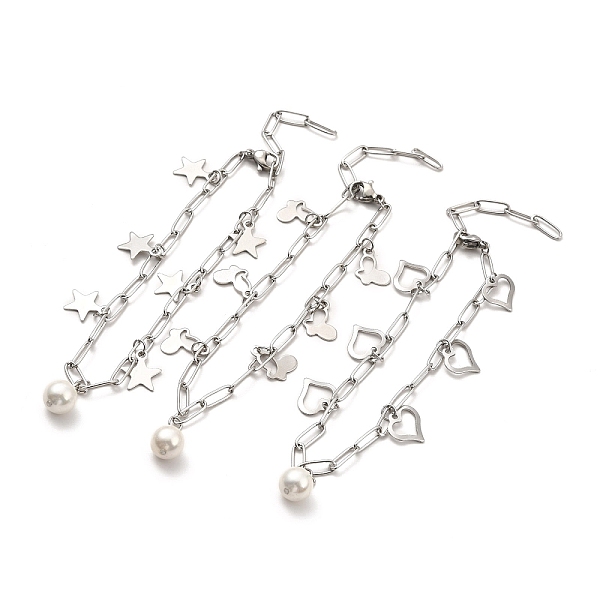 

PandaHall CCB Pearl & 304 Stainless Steel Charm Bracelet with Paperclip Chains for Women, Stainless Steel Color, Mixed Patterns, Pendant..., White
