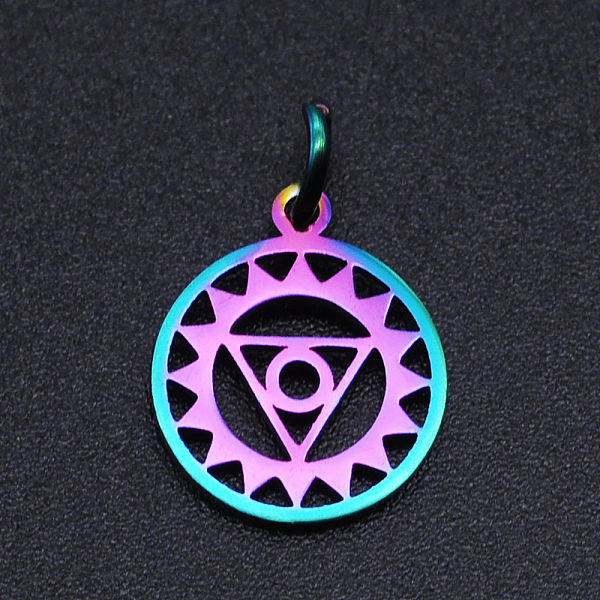 

PandaHall Chakra Theme Ion Plating(IP) 201 Stainless Steel Charms, Laser Cut Pendants, with Jump Rings, Flat Round, Rainbow Color, Vishuddha...