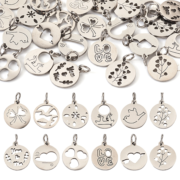 

PandaHall 24Pcs 12 Styles 304 Stainless Steel Charms, with Jump Ring, Stainless Steel Color, Hollow, Flat Round Charm, Mixed Shapes...