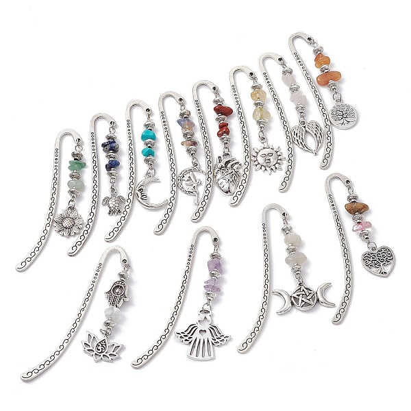 

PandaHall Gemstone Chip Beaded Pendant Bookmark with Alloy Flower/Tree of Life/Moon, Tibetan Style Hook Bookmark, 65~73mm, 12pcs/set Mixed...