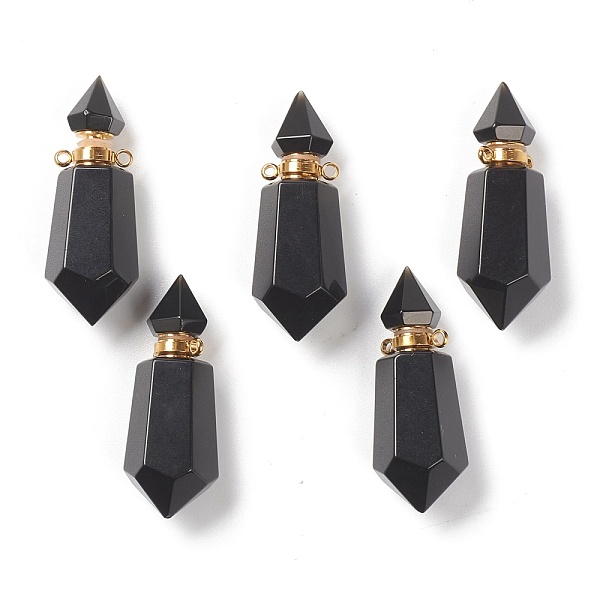 PandaHall Faceted Natural Black Agate Pendants, Openable Perfume Bottle, with Golden Tone Brass Findings, Dyed & Heated, 39~42x14~16x13~14mm...
