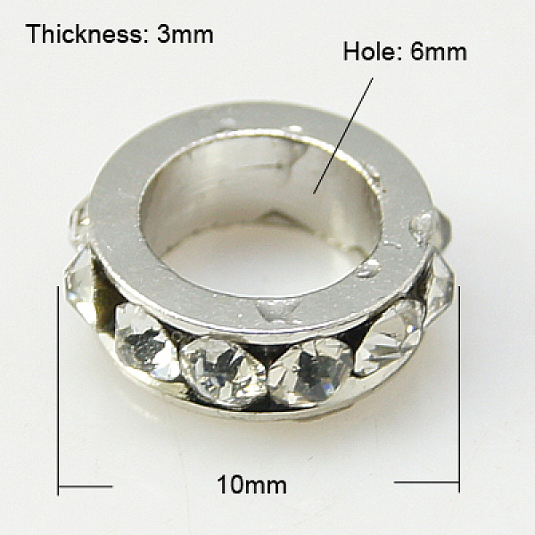

PandaHall Brass Rhinestone Spacer Beads, Grade A, Platinum Metal Color, Crystal, 10x3mm, Hole: 6mm Brass+Rhinestone Flat Round Clear
