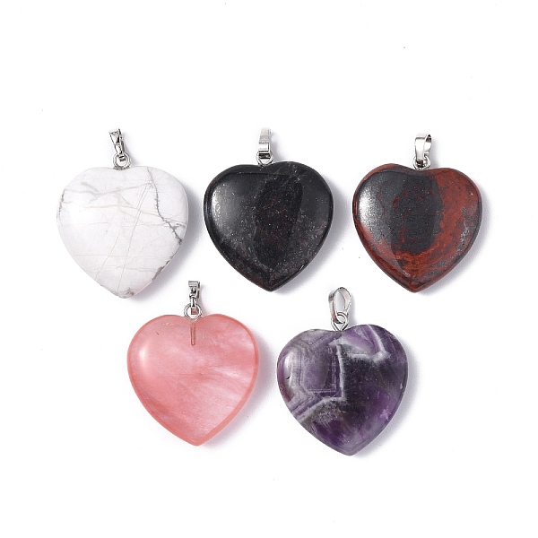 PandaHall Natural & Synthetic Mixed Gemstone Pendants, Heart Charms, with Platinum Tone Brass Findings, 28x25x5.5~7mm, Hole: 5x3.5mm Mixed...