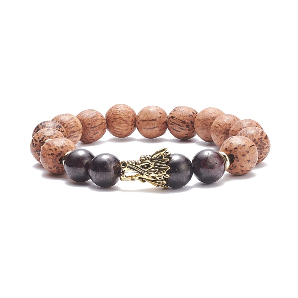 

PandaHall Natural Garnet & Coconut Wood Stretch Bracele with Dragon Head for Men Women, Inner Diameter: 2-3/8 inch(6.1cm) Garnet