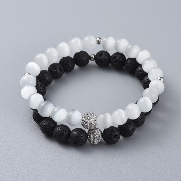 

PandaHall Stretch Bracelet Sets, with Cat Eye Round Beads, Natural Lava Rock Round Beads, Brass Cubic Zirconia Round Beads and 304 Stainless..., White