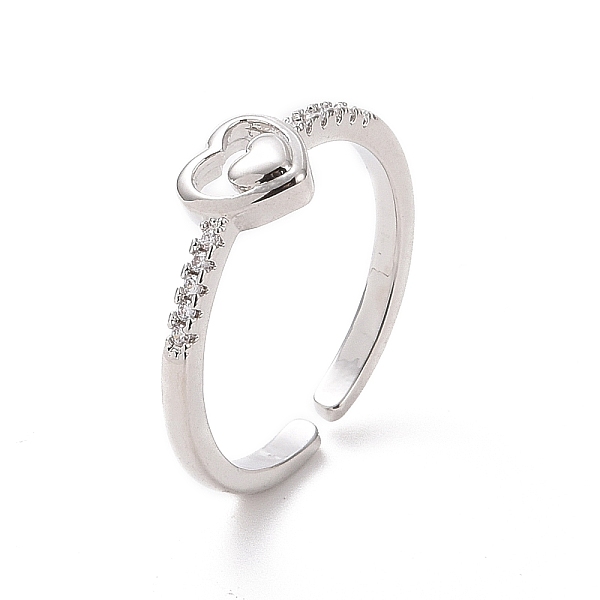 pandahall clear cubic zirconia double heart open cuff ring, brass jewelry for women, platinum, inner diameter: 17.2mm brass+cubic zirconia...