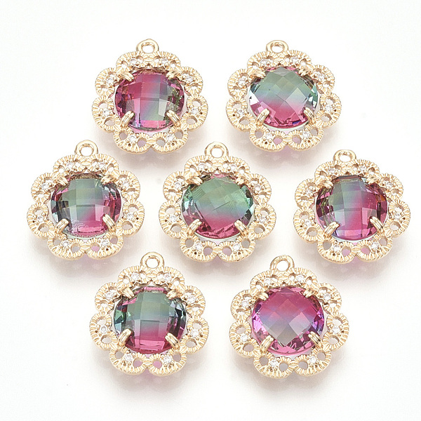 

PandaHall Brass Pendants, with Faceted Glass and Clear Rhinestone, Flower, Golden, Colorful, 18x16.5x6mm, Hole: 1.2mm Brass+Glass Flower