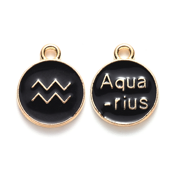 

PandaHall Alloy Enamel Pendants, Cadmium Free & Lead Free, Flat Round with Constellation, Light Gold, Black, Aquarius, 22x18x2mm, Hole...