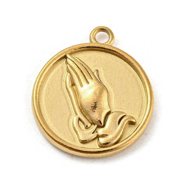 

PandaHall 304 Stainless Steel Pendants, Flat Round with Praying Hands Charm, Golden, 18.5x16x2mm, Hole: 1.6mm 304 Stainless Steel Flat Round