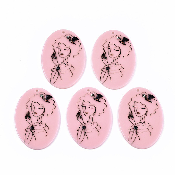 

PandaHall Acrylic Pendants, 3D Printed, Oval with Woman Pattern, Pink, 40.5x28.5x2mm, Hole: 1.6mm Acrylic Oval Pink