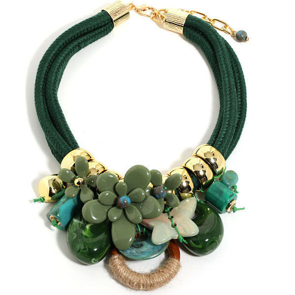 Colliers plastrons en coton à 2 brin avec pendentif en acrylique et bois et anneau en forme de papillon et de fleur pour femmes