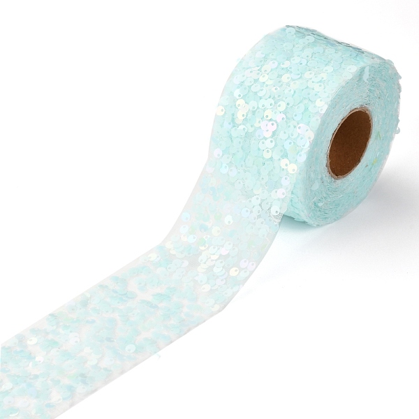PandaHall Polyester Elastic Sequin Ribbons, with Bling Paillette, Light Blue, 2-3/8 inch(60mm), 10 yards(9.14m)/roll Polyester