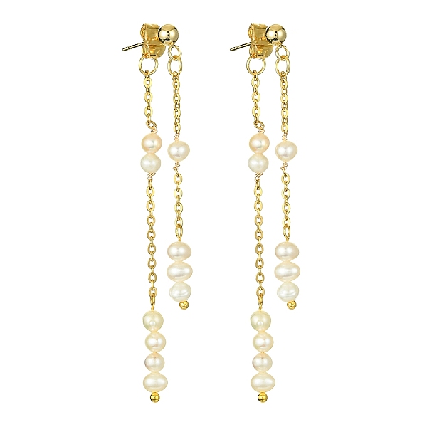 

PandaHall Natural Pearl Beaded Tassel Dangle Stud Earrings, 304 Stainless Steel Front Back Stud Earrings, Golden, 65.5x4mm Pearl Tomato
