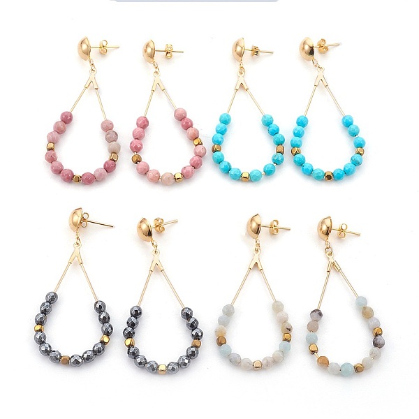 

PandaHall Brass Ear Studs, with Natural & Synthetic Mixed Stone, and Electroplate Non-magnetic Synthetic Hematite Beads, Golden, 52mm, Pin...