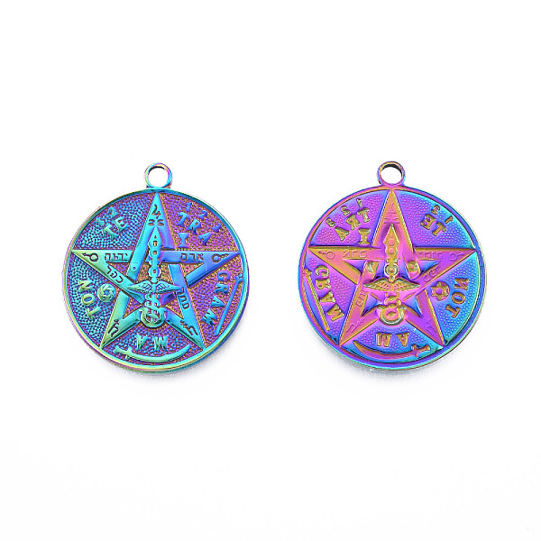 

PandaHall Ion Plating(IP) 201 Stainless Steel Pendants, Flat Round with Star, Rainbow Color, 28.5x25x2mm, Hole: 2.5mm 201 Stainless Steel...