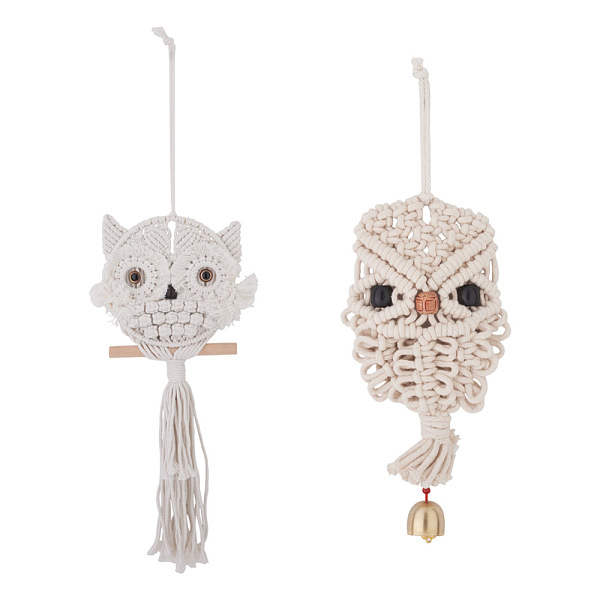 

PandaHall Crafans Owl Cotton Rope & Wood Beads Wind Chime Pendant, with Zinc Alloy Bell & Nail & Craft Eye & Wooden Stick, for Home Living..., White