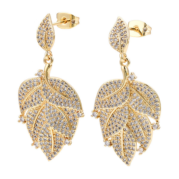 

PandaHall Clear Cubic Zirconia Maple Leaf Dangle Stud Earring, Brass Jewelry for Women, Real 18K Gold Plated, 39mm, Pin: 0.8mm Cubic...