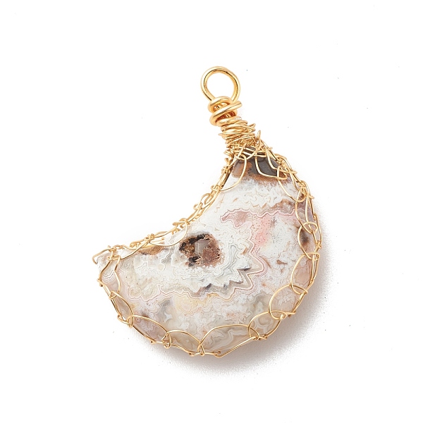 

PandaHall Natural Mexican Agate Pendants, with Golden Tone Copper Wire Wrapped, Moon, 41x30.5x8mm, Hole: 3.5x4.5mm Mexican Agate Moon