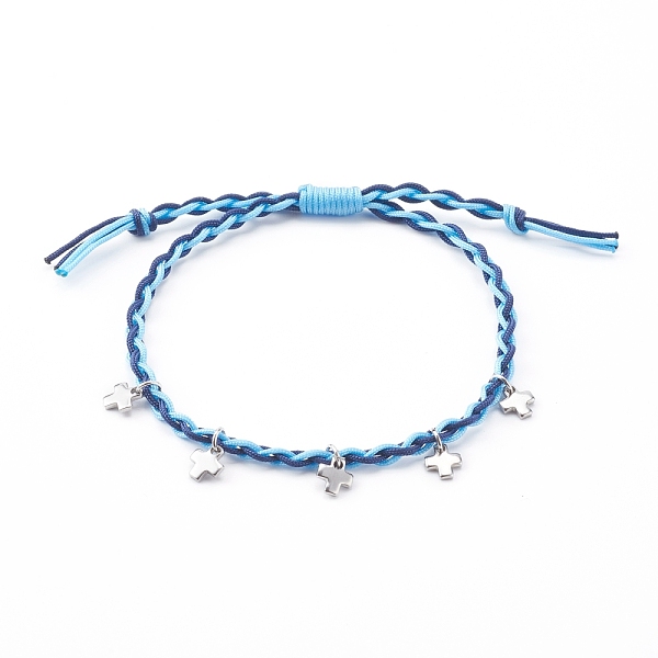 

PandaHall Adjustable Nylon Thread Braided Bead Bracelets, with 304 Stainless Steel Cross Charms, Stainless Steel Color, Light Sky Blue...