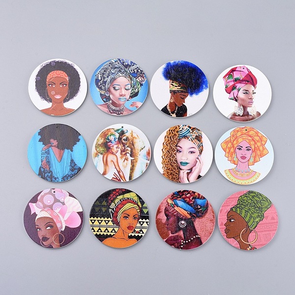 

PandaHall Printed Wooden Big Pendants, Dyed, Flat Round with Fashion Lady, Mixed Color, 60x2.5mm, Hole: 1.5mm Wood Flat Round Multicolor