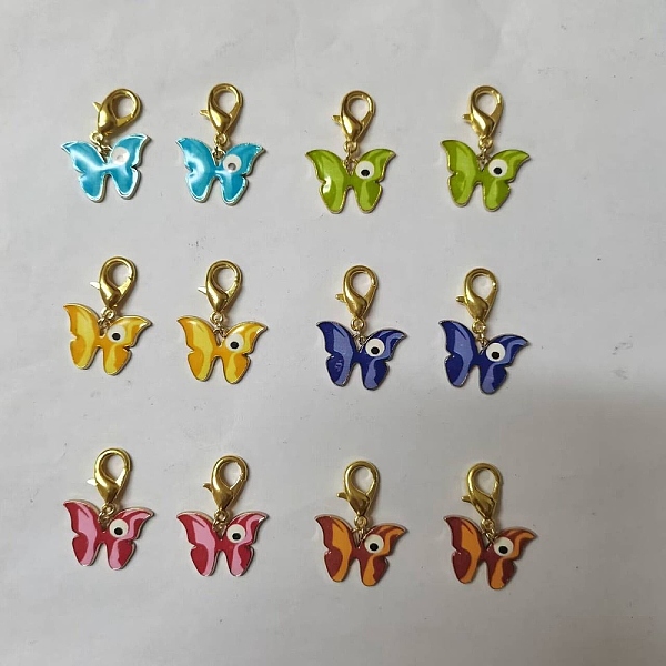 PandaHall Alloy Enamel Butterfly with Evil Eye Pendant Locking Stitch Markers, Zinc Alloy Lobster Claw Clasps Stitch Marker, Mixed Color...