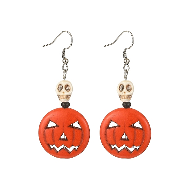 

PandaHall Synthetic Turquoise Pumpkin & Skull Dangle Earrings, 316 Surgical Stainless Steel Jewelry for Halloween, Orange Red, 60.5x25mm...