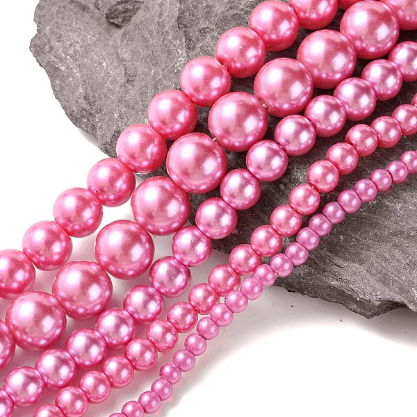 

PandaHall Dyed Glass Pearl Round Beads Strands, Hot Pink, 4mm/6mm/8mm/10mm/12mm, Hole: 1mm, about 70~216pcs/strand Glass Round Pink