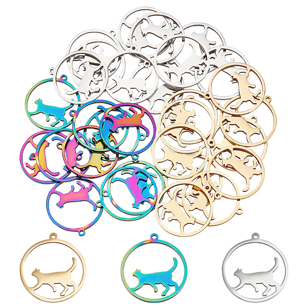 

PandaHall DICOSMETIC 30Pcs 3 Colors 304 Stainless Steel Pendants, Ring with Cat, Mixed Color, 27x25x1.5mm, Hole: 1.4mm, 10pcs/color 304...
