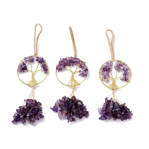 

PandaHall Wire Wrapped Chips Natural Amethyst Big Pendant Decorations, with Brass Wires and Nylon Cord, Flat Round with Tree of Life...