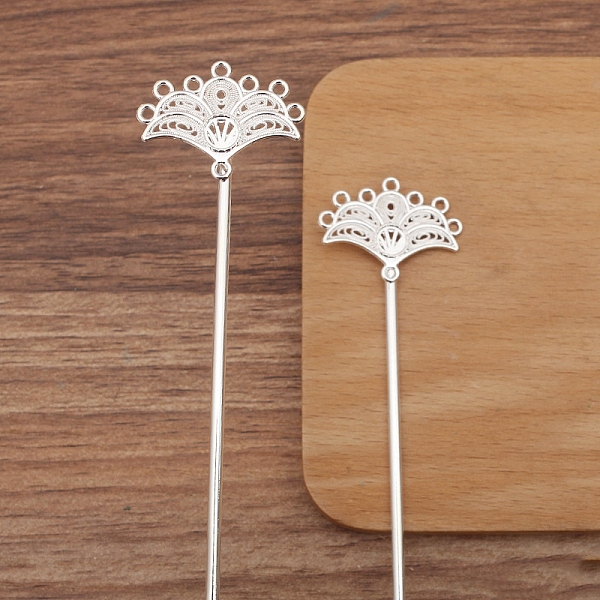 Alloy Hair Stick Findings for Women, Fan, Silver, 23x30mm