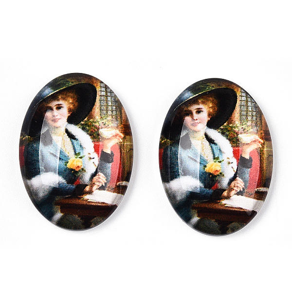 

PandaHall Glass Cabochons, with European Style Pattern, Oval, Light Sky Blue, 25x18x6mm Glass Oval