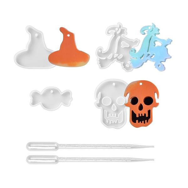 

PandaHall Halloween DIY Pendants Resin Silicone Molds, with Plastic Pipettes, for Jewelry Making, Witch & Skull & Candy & Witch Hat Shape..., Orange