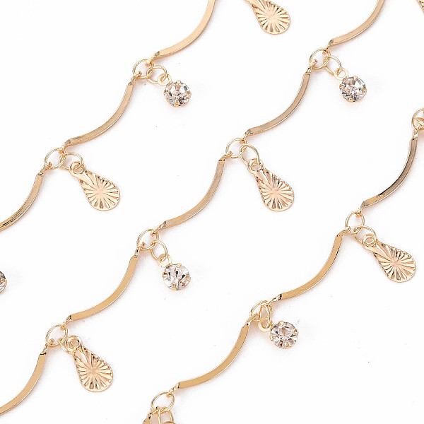 

PandaHall Handmade Brass Scalloped Bar Chain, with Cubic Zirconia Charms, Soldered, Spool, Teardrop, Real 18K Gold Plated, 15x2x3mm and..., Clear