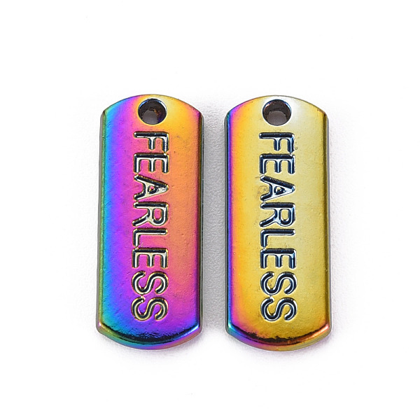 

PandaHall Alloy Pendants, Cadmium Free & Nickel Free & Lead Free, Oval with Fearless, Rainbow Color, 21x8x2mm, Hole: 1.2mm Alloy Oval