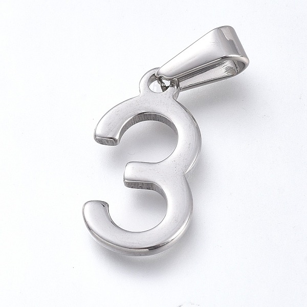 PandaHall 304 Stainless Steel Pendants, Number, Stainless Steel Color, Num.3, 20.5x10.5x1.5mm, Hole: 6x3mm 304 Stainless Steel Number