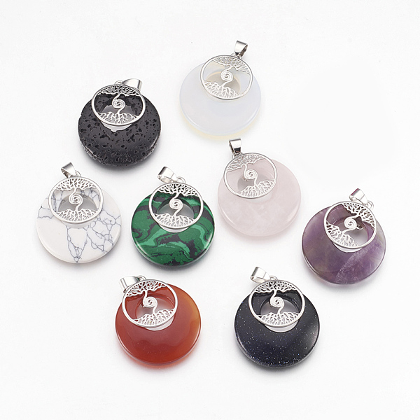 

PandaHall Natural & Synthetic Gemstone Pendants, with Platinum Tone Brass Findings, Flat Round with Tree of Life, 32x28x6mm, Hole: 4x5mm..., Multicolor